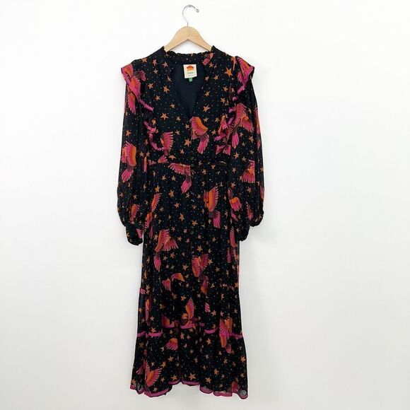 Farm Rio Women’s Black Pink Macaw Bird Orange Stars 3D Star Buttons Midi Dress - Picture 2 of 13